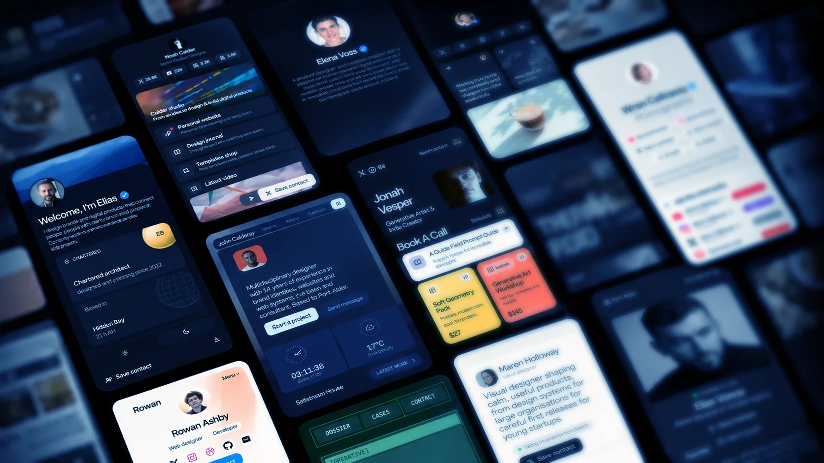 Eleven profile designs: Studio · Classic · Grid · Line · Atlas · Beacon · Canvas · Drift · Ember · Folio · Glow